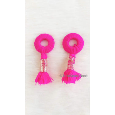 Fuchsia Pink / Brown Threaded Ring Tassels, Zardosi Dangle Tassel, Indian Latkans